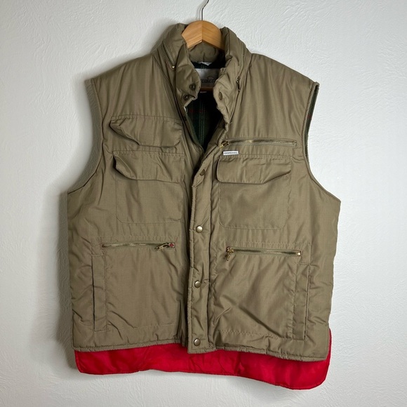 Vintage Windbreaker Mens Khaki Utility Vest Plaid Lined Zip Front Pockets Sz XL - Picture 1 of 10